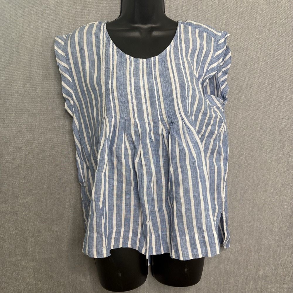 Women's Lands End Blue And White Striped Chambray Linen Blouse Size 12p Boho